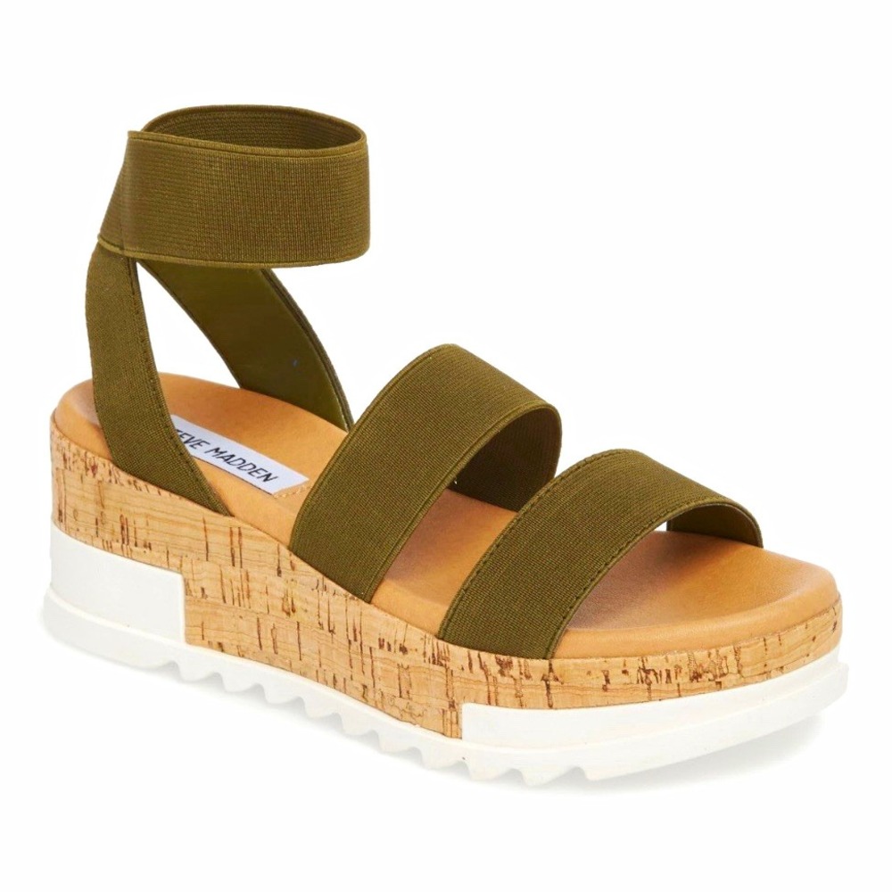 Steve Madden Women's Green Leather Strappy Platform Wedge Sandals 9